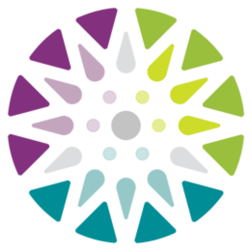 A circular geometric pattern composed of multiple triangular and teardrop shapes arranged radially. The shapes are colored in gradients of purple, green, yellow, blue, and gray, creating a symmetrical, flower-like design.