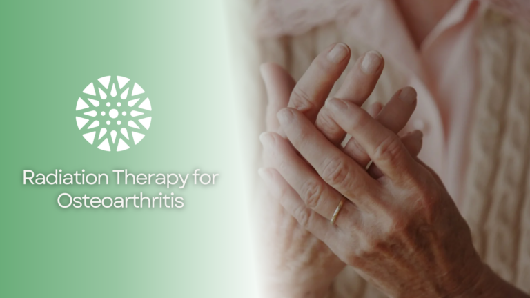 Hands of an elderly person with visible signs of aging, such as wrinkles and age spots, gently clasped together, wearing a gold wedding ring. The person is dressed in a light pink shirt and a beige knitted sweater. On the left side, there is a green gradient background with a white circular geometric symbol above the text "Radiation Therapy for Osteoarthritis.
