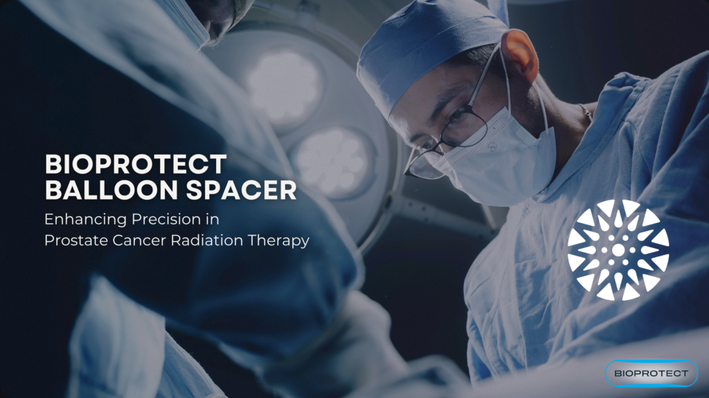 Two surgeons in blue scrubs and surgical masks are performing an operation under bright surgical lights. Text on the left reads "BIOPROTECT BALLOON SPACER Enhancing Precision in Prostate Cancer Radiation Therapy." A white circular logo with geometric shapes is visible on the right side, along with a small "BIOPROTECT" label at the bottom right corner.